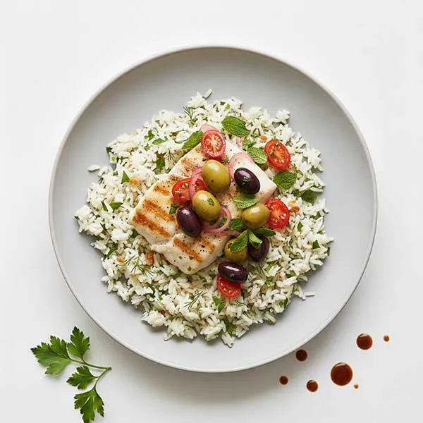 Mediterranean Fish Bowl with Herbed Garlic Rice & Sicilian Olive Medley